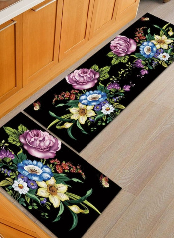 1-Piece Classic Flowers Pattern Anti-Slip Floor Rug Black 50x160cm