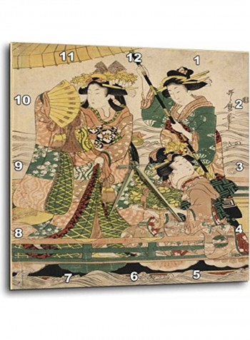 Print Of Three Traditional Dressed Japanese Ladies On Boat Wall Clock Multicolour 13 X 13inch