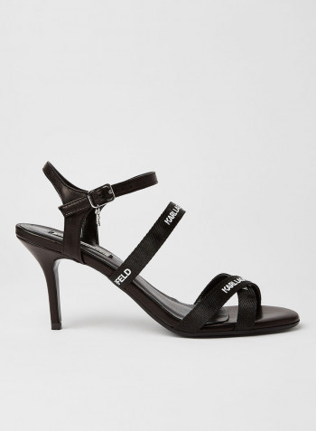 Logo Printed Buckle Strap Heeled Sandals Black