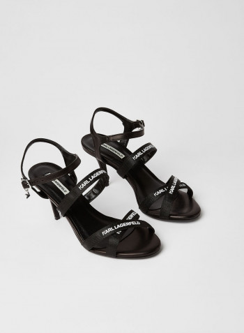 Logo Printed Buckle Strap Heeled Sandals Black