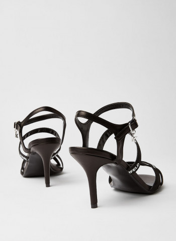 Logo Printed Buckle Strap Heeled Sandals Black