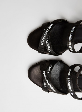 Logo Printed Buckle Strap Heeled Sandals Black