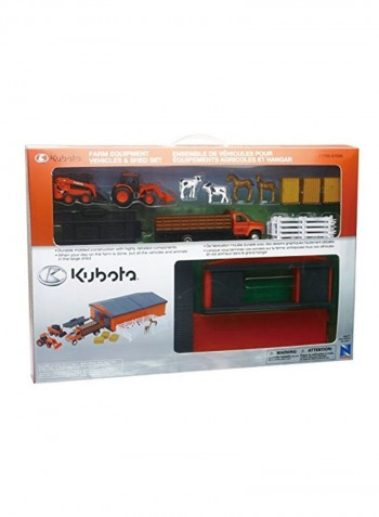 18-Piece Kubota Farm Equipment Vehicles And Shed Set