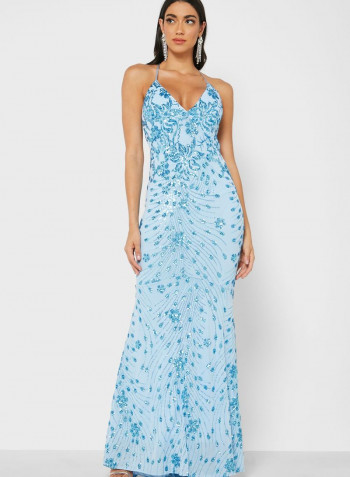 Sequin Mesh Fishtail Maxi Dress Blue