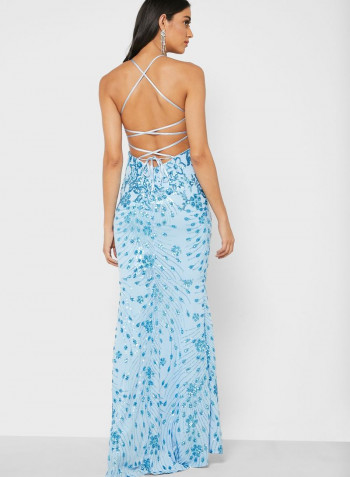 Sequin Mesh Fishtail Maxi Dress Blue