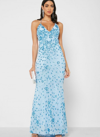 Sequin Mesh Fishtail Maxi Dress Blue