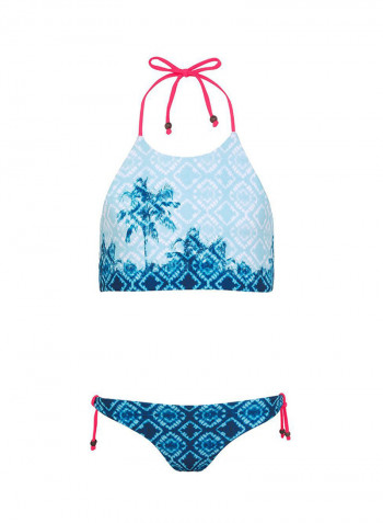 Palm Tree Print Tie Bikni Blue/Pink