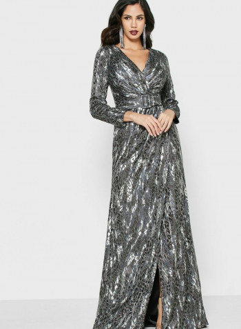 Printed Wrap Front Maxi Dress Silver