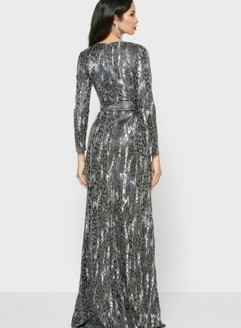Printed Wrap Front Maxi Dress Silver