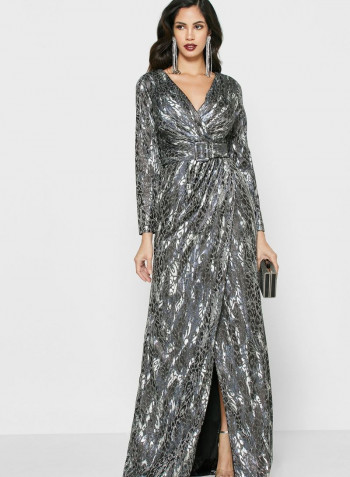 Printed Wrap Front Maxi Dress Silver