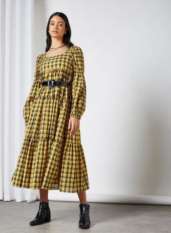 Emphasis Check Midi Dress Yellow