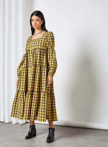 Emphasis Check Midi Dress Yellow
