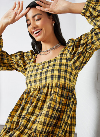 Emphasis Check Midi Dress Yellow