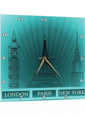 London Paris And New York Printed Wall Clock Blue/Black 13x13x0.1inch