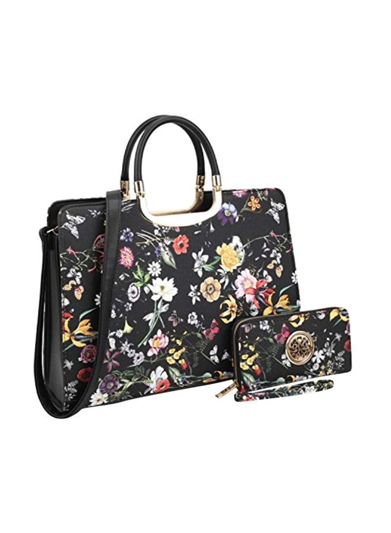 Floral Printed Top Handle Satchel Bag With Wallet Black/Yellow/Blue