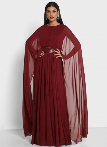 Embellished Detail Overlay Maxi Dress Burgundy