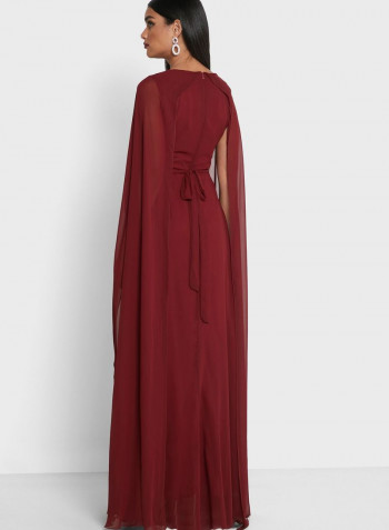 Embellished Detail Overlay Maxi Dress Burgundy