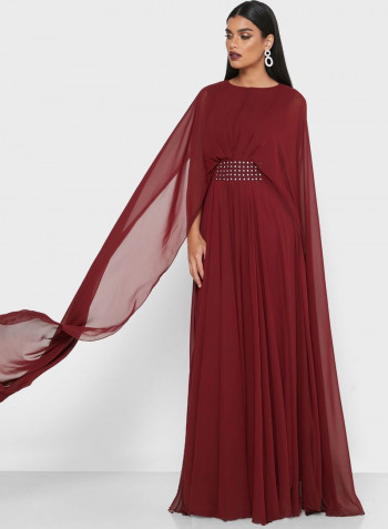 Embellished Detail Overlay Maxi Dress Burgundy