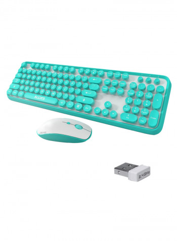 Wireless Round Keycaps Retro Style Keyboard With Mouse And USB Receiver Turquoise/White