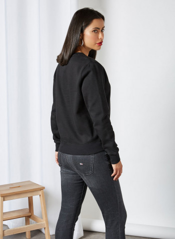 Fleece Plain Round Neck Sweatshirt Black