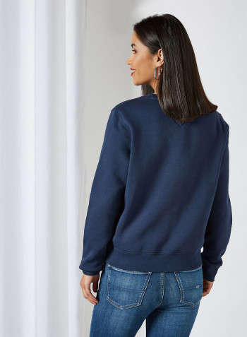 Fleece Plain Round Neck Sweatshirt Navy Blue