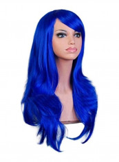 Wavy Curly Heat Resistance Wig With Bangs Blue 28inch