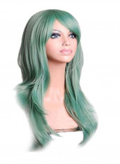 Wavy Curly Heat Resistance Wig With Bangs Green 28inch