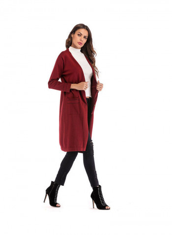 Slim Long Style Knit Sweater Coat Red wine