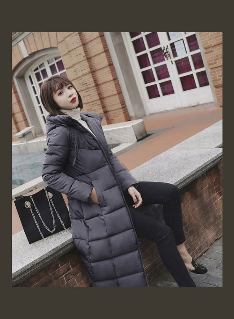 Hoodie Solid Color Lady Middle Long Overcoat Grey