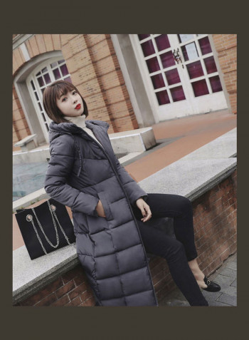 Hoodie Solid Color Lady Middle Long Overcoat Grey