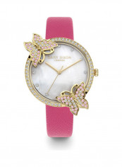 Women's Pink Saffiano Strap Watch And Stone Set Bezel With Butterfly
