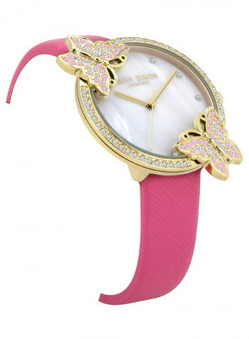 Women's Pink Saffiano Strap Watch And Stone Set Bezel With Butterfly