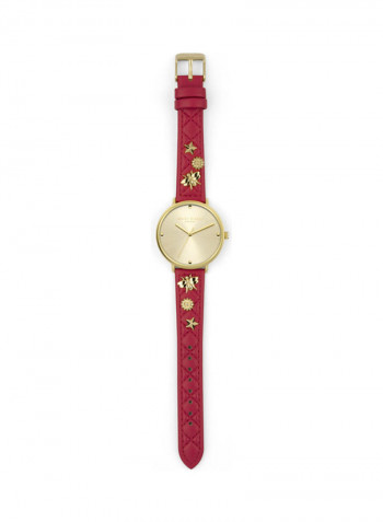 Women's Red Qulited Leather Strap Watch With Gold Matt Mirror Dial