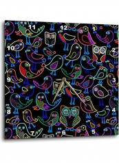 Neon Owls And Birds On Black Wall Clock Multicolour 10x10inch