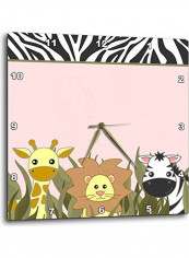 DPP 128532 1 Cute Baby Jungle Animals On Giraffe Lion Zebra Wall Clock Pink 10x10inch