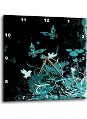 Bright Turquoise Grunge With Flowers And Butterflies Wall Clock Multicolour 10x10inch