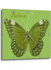 Pretty Green Patterned Butterfly With The Word Believe Wall Clock Green 10 X 10inch