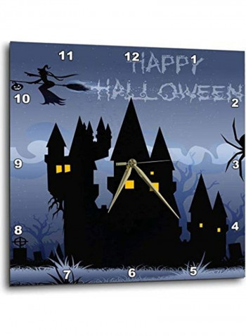 DPP 153155 1 A Haunted House With A Flying Witch And The Words Happy Halloween Wall Clock Multicolour 10x10inch