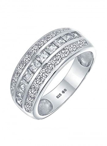 925 Sterling Silver 3 Row Cubic Zirconia Studded Wedding Ring