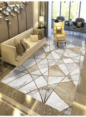 Geometrical Pattern Washable Living Room Mat White/Gold 80 x 120cm