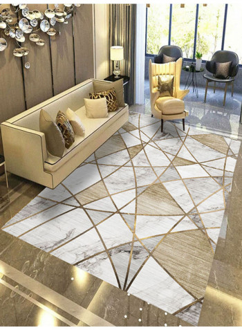 Geometrical Pattern Washable Living Room Mat White/Gold 80 x 120cm