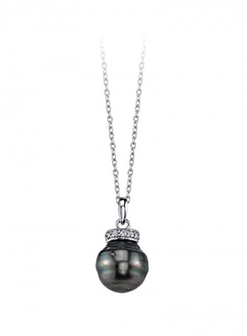 925 Sterling Silver Tahitian Cultured Pearl And Cubic Zirconia Ronda Pendant Necklace