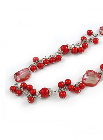 Glass Bead, Sea Shell With Silver Tone Chain Necklace