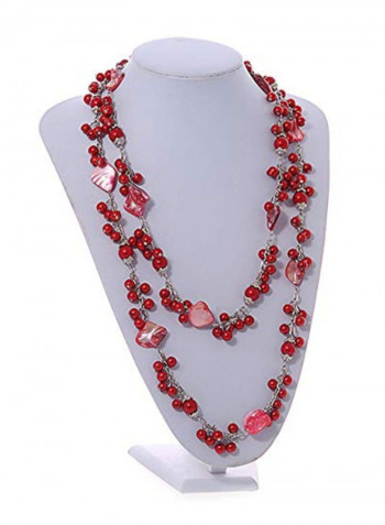 Glass Bead, Sea Shell With Silver Tone Chain Necklace