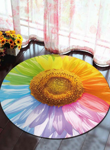 Sunflowers Printed Round Shaped Floor Mat Multicolour 100 x 100centimeter