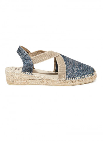 Shimmery Elastic Strap Wedge Espadrille Blue