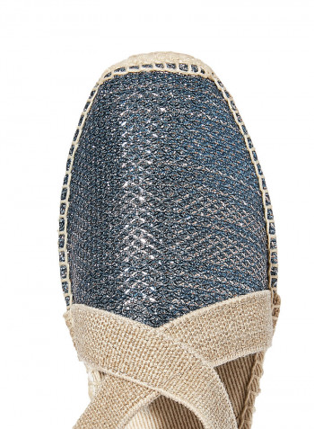 Shimmery Elastic Strap Wedge Espadrille Blue