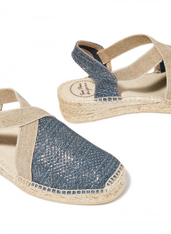 Shimmery Elastic Strap Wedge Espadrille Blue