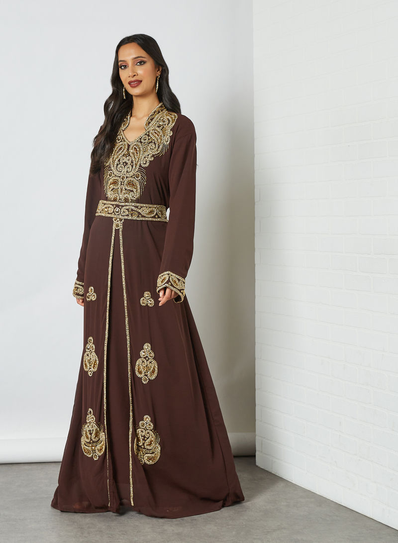 Crystal Stone Beaded Kaftan With Embellished Belt And Sheilah Brown/Gold
