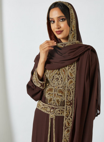 Crystal Stone Beaded Kaftan With Embellished Belt And Sheilah Brown/Gold